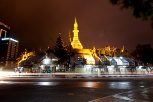 The Sule Pagoda at night. It sits right at the heart of the British-planned colonial area of Yangon